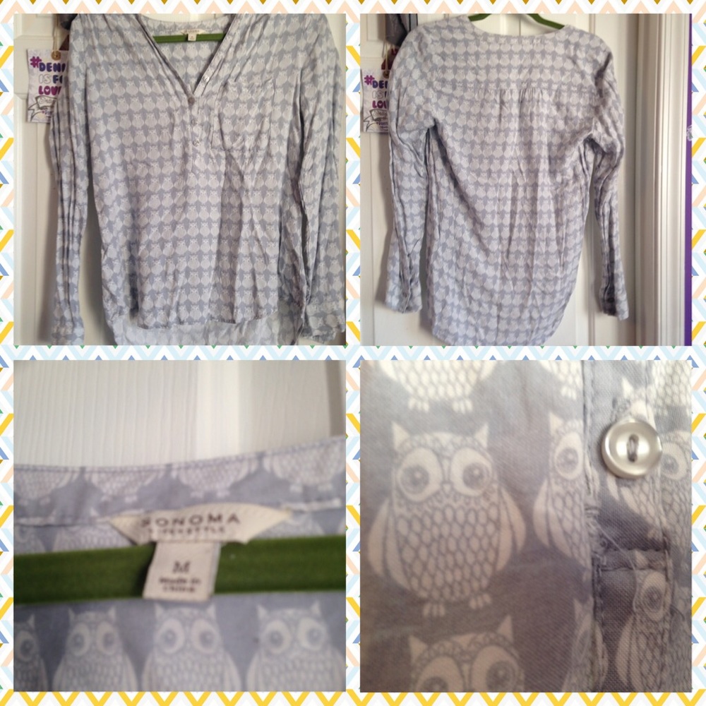 Sonoma grey owl print, long sleeve, button down blouse